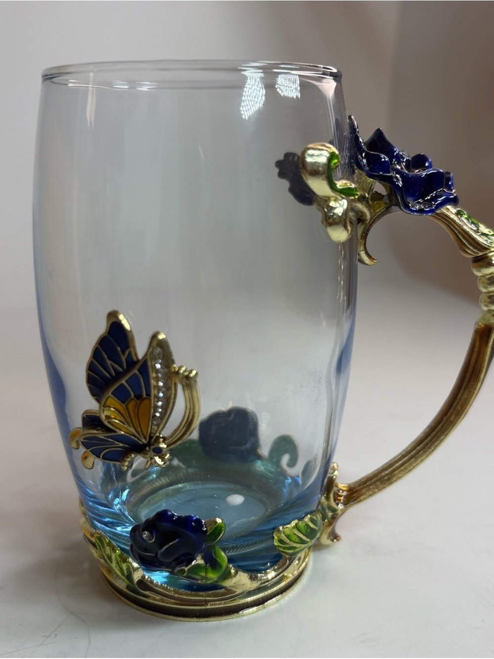 Enamel Butterfly Flower Glass Coffee/Tea Mug with Matching Spoon Boxed set